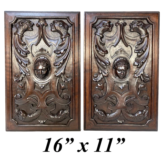 Antique Victorian Carved 16"x11" Furniture or Cabinet Door Panel PAIR, Mascarons