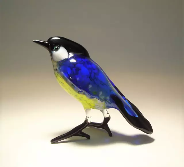 Blown Glass Figurine Bird Blue and Yellow Tit Bird Chickadee