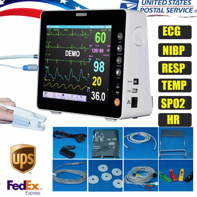 8" Vital Signs Patient Monitor 6 Parameter ECG NIBP RESP TEMP SPO2 HR Machine