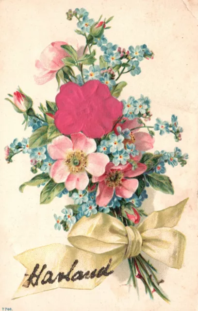 Vintage Postcard 1910's Pink & Blue Mini Flowers Bouquet with Ribbon Artwork