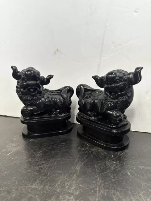 Pair of Chinese Black Marble Foo Dogs Carved Late Qing Dynasty Early Republic