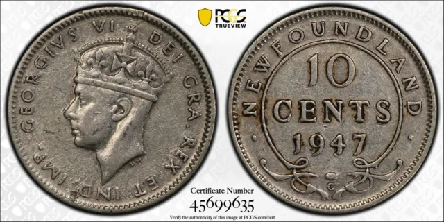 1947C Newfoundland 10 Cents - PCGS XF45 - 45699635