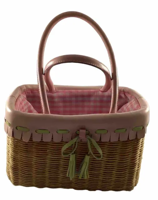 Clever Carriage Company Woven Straw Zippered Pink Gingham Lined Purse Tote
