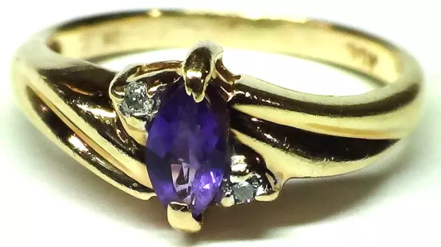 Beautiful  Solid 10K Yellow Gold Amethyst And Diamond Ring