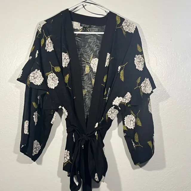 Top shop Kimono Size 10 Medium Black White Floral Print Ruffle Sleeves Tie Waist