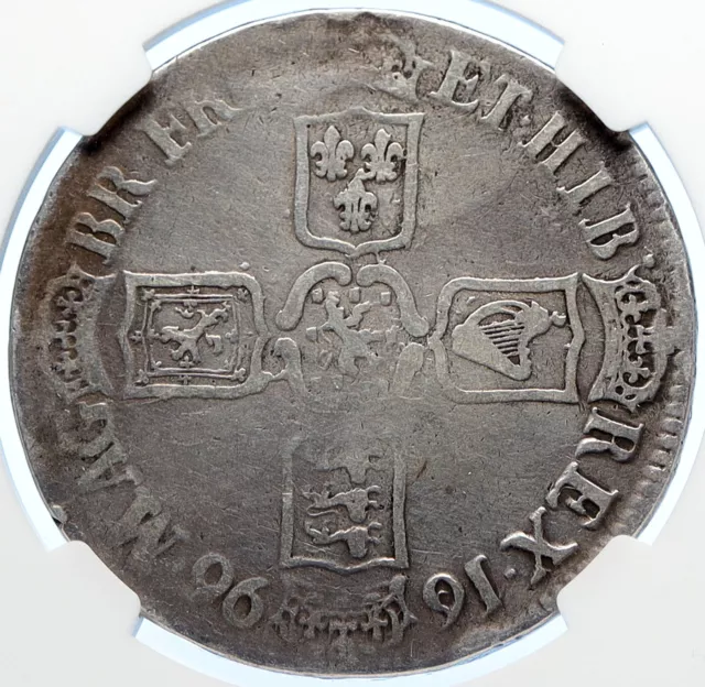 1696 UK Great Britain KING WILLIAM III Genuine Old Silver Crown Coin NGC i106342 2