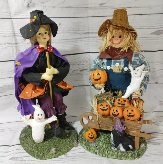 Halloween Scarecrow & Witch 13" Fabric Mache Figurines Pumpkins Ghosts With Box