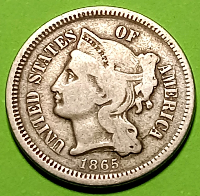1865 Liberty Head THREE CENT NICKEL 3c, Obsolete U.S. ODD TYPE Coin