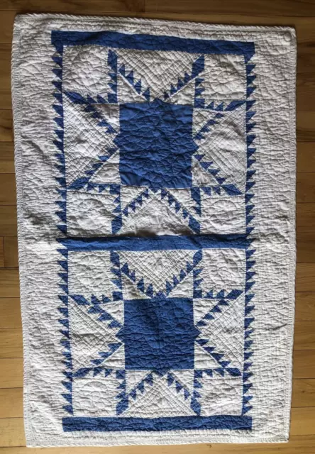 Antique Handmade Blue White Quilt Piece Table Runner Wall Hanging 27 By 42 1/2