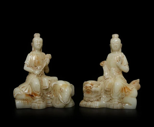 Pair Old Antique Chinese White Jade Buddha Statue w/ Buddha