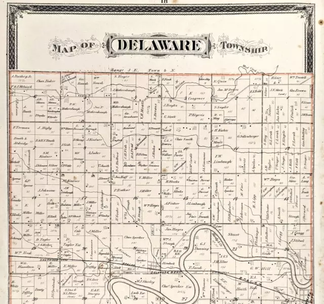 1876 OHIO MAP Defiance County PLATS Delaware Township Railroads LARGE