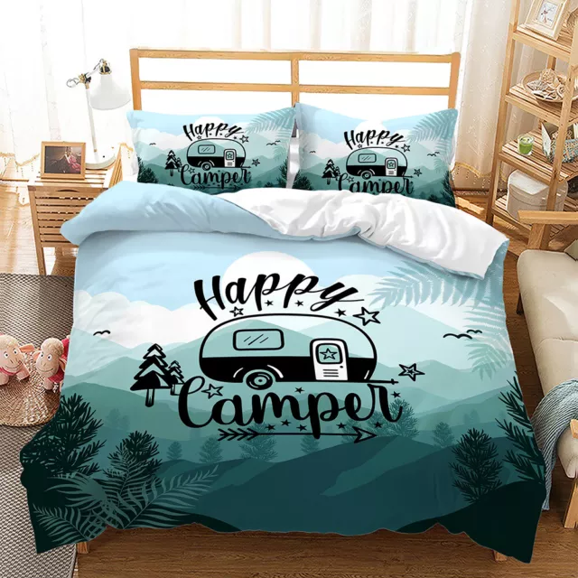 Exploring Wild Camp Happy Camper Striped Camping Doona Duvet Quilt Cover Bed Set 3