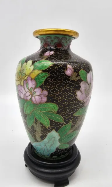 Beautiful Cloisonné Enamel Brass Vases on Wood Stands Chinese Flower Design 4in