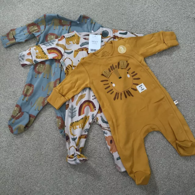 New Next Baby 3 Pack Lion Zoo Animal Bodysuits Rompers Up To 1 Month