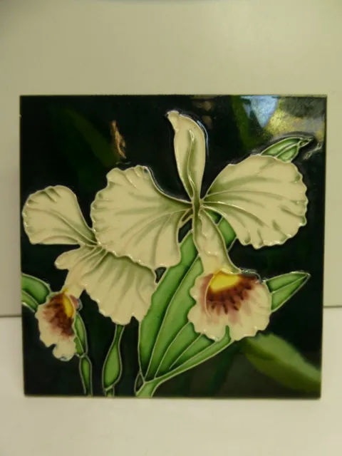 Majolica Art Nouveau Style Tile On Stand White Lilies
