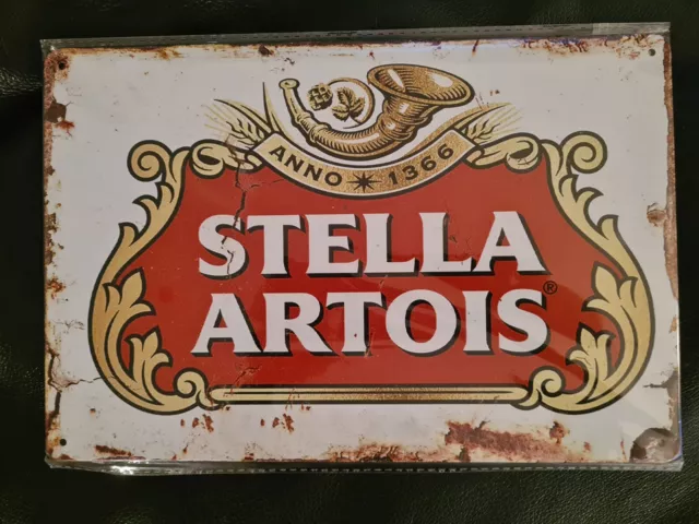 Stella Artois Tin Beer Sign Man Bar Cave Shed Garage Restaurant Pizzeria Rustic