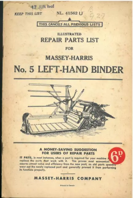 Massey Harris No.5 Left-Hand Binder Parts Manual