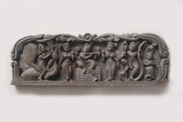 Antique Krishna Wall Panel Wooden Temple Decor Carving Door Top Entrance Vintage