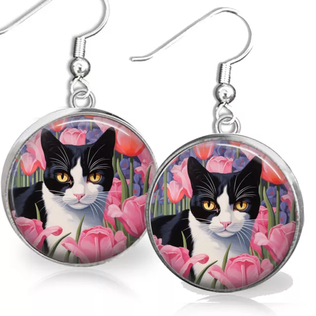 Tuxedo Cat Pink Tulip Flowers Art Print Earrings Cat Lover Gift Silver Dangle