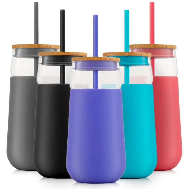 Tumbler With Lid&Straw&Silicone Sleeve. BPA Free 20Oz Glass Cup With Bamboo Lid