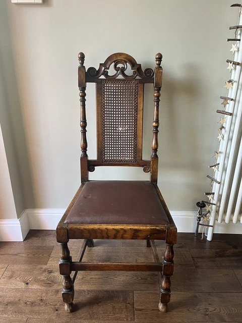 Edwardian Antique Vintage Oak Chair Carved Frame Cane Leather