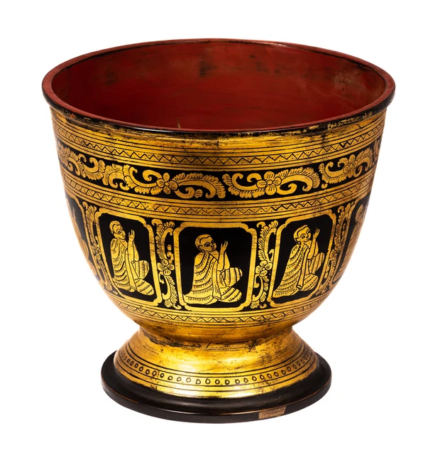 Début 20th Siècle Ancien Birman Shwe Zawa en Laque Bol -16cm / 6” Grand