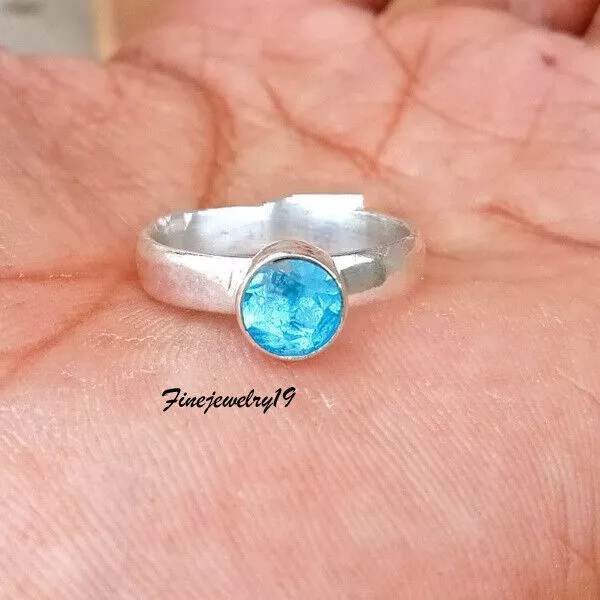 Blauer Topas-Ring, massiver 925er-Sterlingsilber-Bandring, handgefertigter...