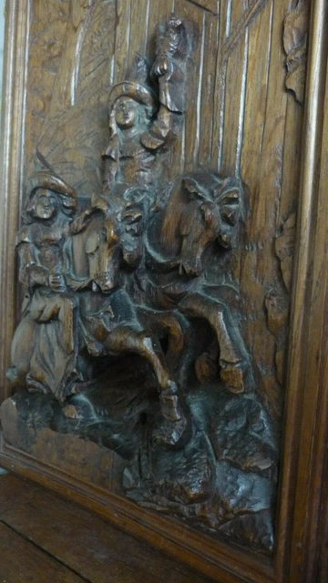 Antique French Hunting Style Carved Panel in Solid Oak Wood riders and falcon 6