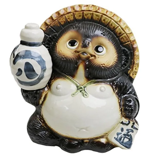 Japan Shigaraki-Ware Tanuki Raccoon Dog with Tokkuri Pottery 8"H Ornament Statue