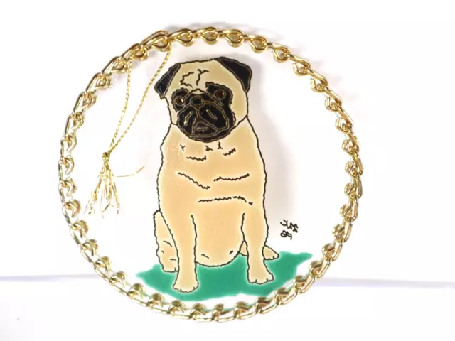 Pug Dog Tree Ornament Signed FB 22K Chain Trim Round Pet Christmas Brown Face