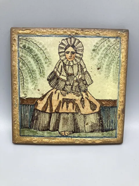 RARE ANTIQUE HANDMADE CLAY SALT GLAZE ? Art tile of victorian woman 1 of a kind!