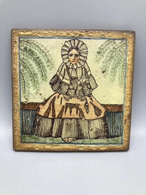 RARE ANTIQUE HANDMADE CLAY SALT GLAZE ? Art tile of victorian woman 1 of a kind!