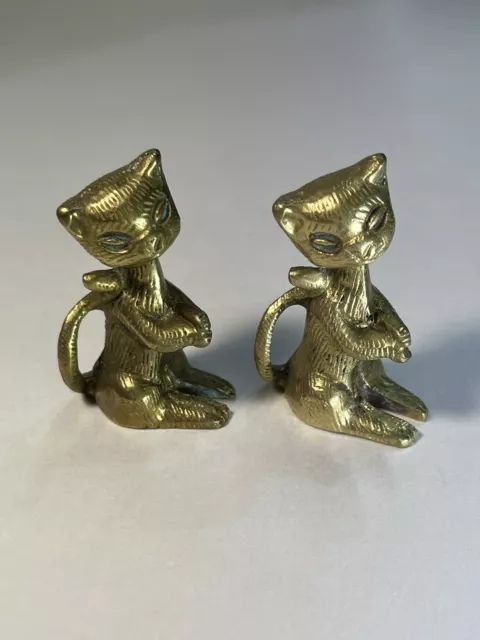 Pair Of Solid Brass Cat Figurines 2.25” Tall-Heavy, Very Detailed