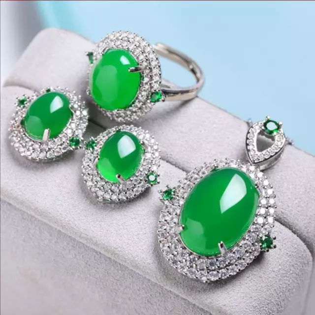Jade Jewelry 4 Set Earrings Ring Pendant Necklace Charm 18K White Gold Plated