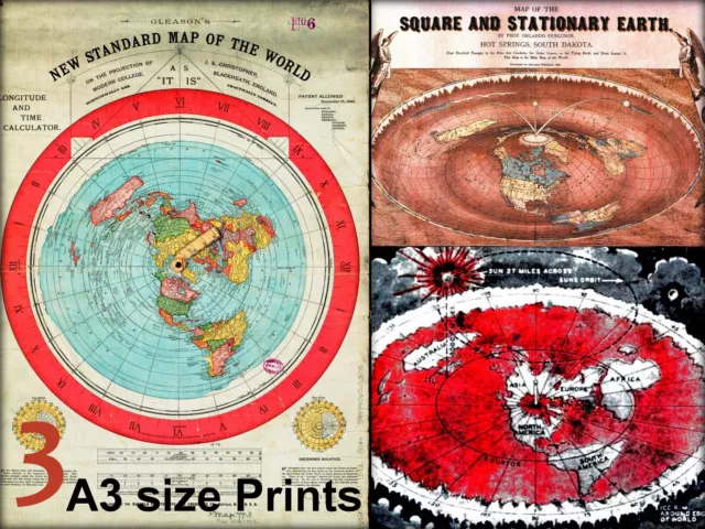 3 (A3) Flat Earth Prints Collection - GLEASON 1892 / FERGUSON 1893 / Voliva 1923