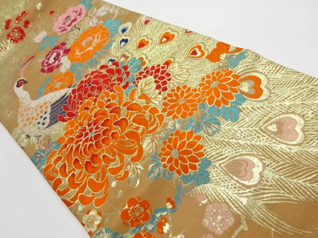 6228108: Japanese Kimono / Antique Nagoya Obi / Woven Peacock With Kiku & Pe