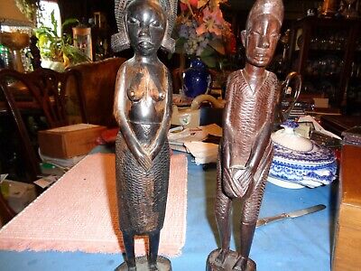 Ebony Wood Hand Carved Tribal Male Female Figures Crafted Tanzania Africa VTG