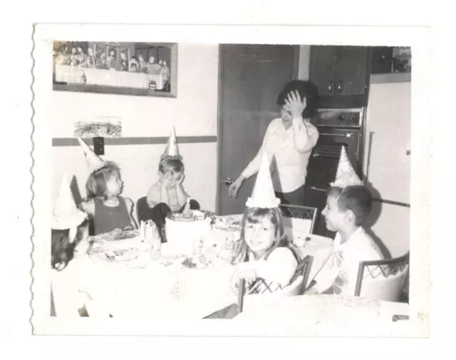 Vtg Photo Frustrated Mom Crying Boy Smiling Girl Child's Birthday Party 60's R3