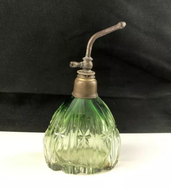 Vintage Bohemian French Green to Clear Fade Cut Glass Perfume Bottle Atomizer