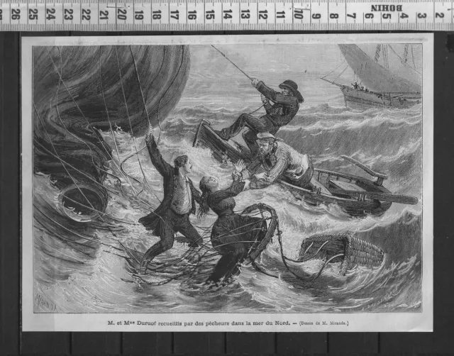 G343 / Gravure 1874 /  Les Duruof Recueillis Par Des Pecheurs Mer Du Nord