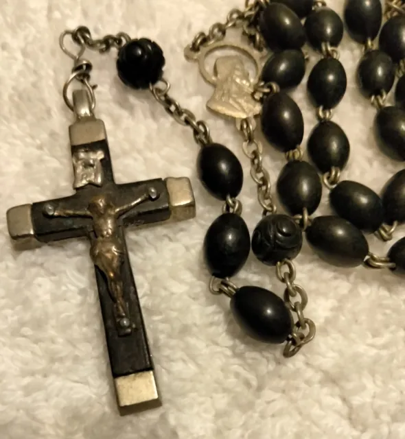 19th C Wood Bead Rosary Ebony Crucifix Ornate Our Father Beads