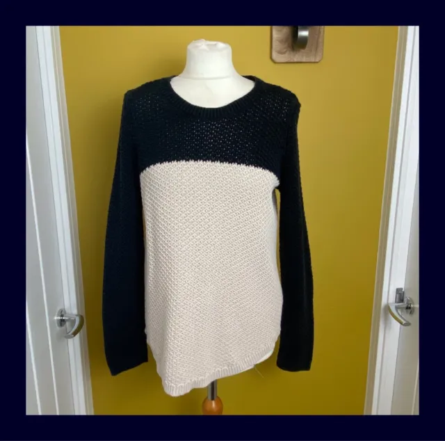 M&S Beige and Navy Chunky Cotton Jumper - Size 14 - Sweater
