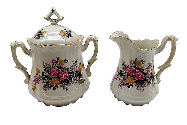 Anciens Sucrier et Pichet à Lait en Porcelaine - Décor Floral et dorure