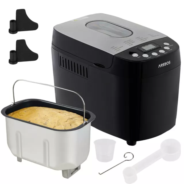 AREBOS Machine à pain 1500 g 2 crochets de pétrissage Minuteur Écran LCD 850W