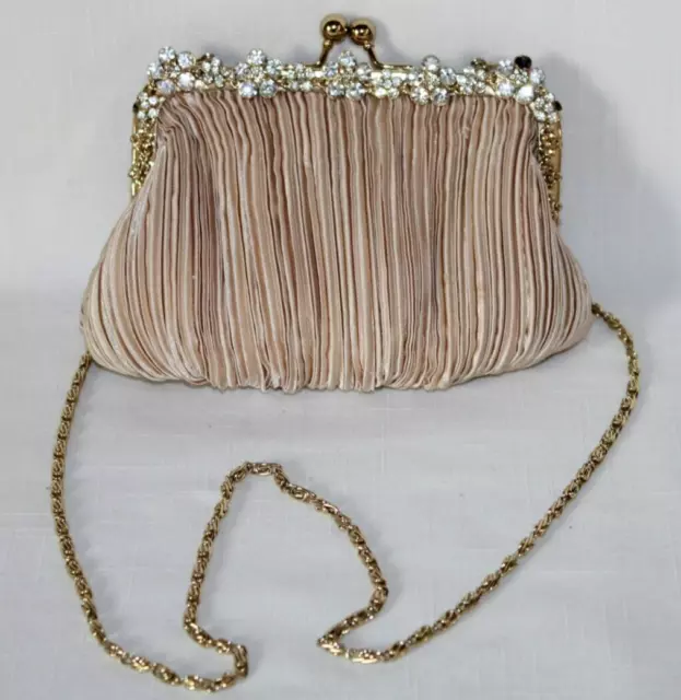 VTG Jessica McClintock Pleated Rhinestone Evening Handbag Purse Dark Beige