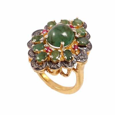 Uncut Diamond And Emerald Ring, 925 Sterling Silver Gold Plate Handmade Ring