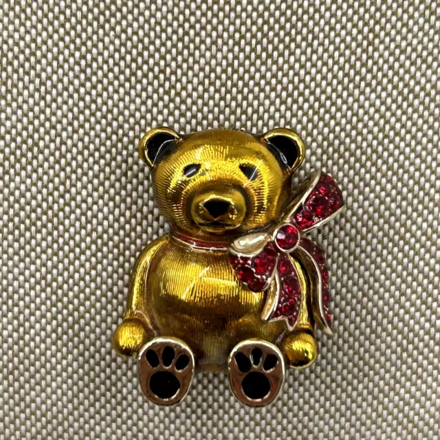 Vintage MONET Teddy Bear Brooch Pin Gold Tone Enamel & Bown With Rhinestones