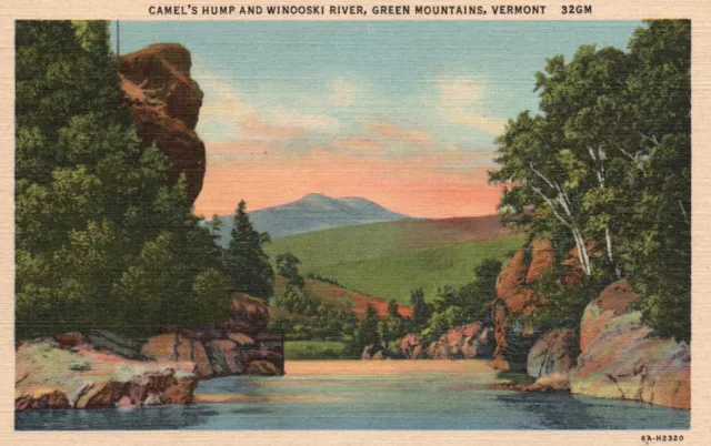 Postcard VT Green Mountains Camels Hump Winooski River Linen Vintage PC H4174