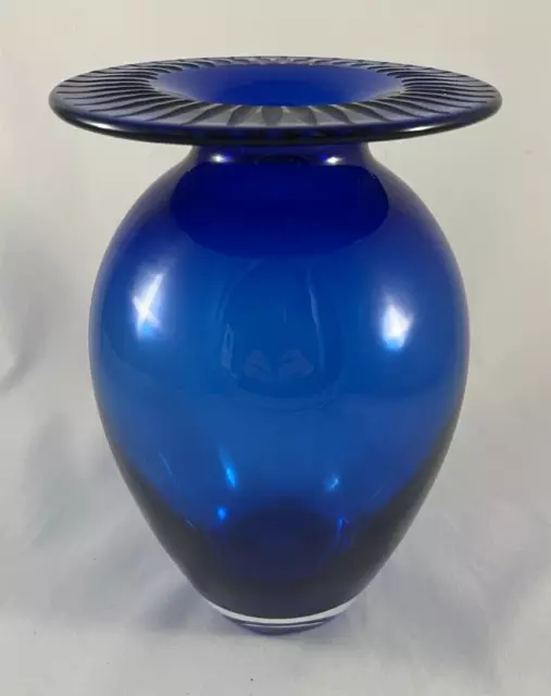 Tiffany & Co. 9" Etched Ribs Cobalt Blue Glass Decorative Flower Art Vase