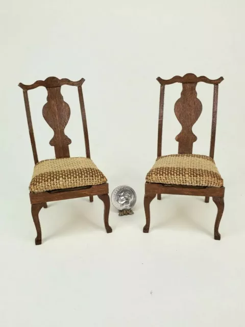 Pair OOAK Artisan Queen Anne Chairs 1:12 Dollhouse Miniature Retro Upholstery